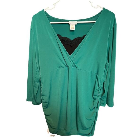Motherhood Maternity 3/4 sleeve blouse green Large V neck black lace - Picture 1 of 6